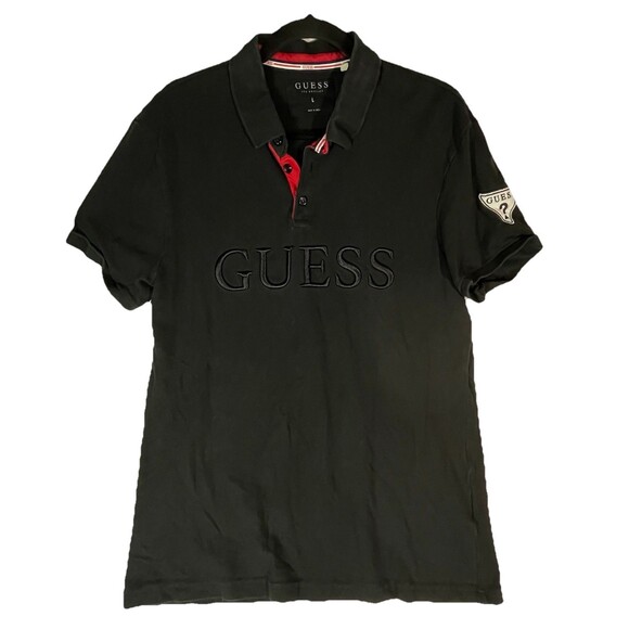 GUESS Los Angeles Men's Black Embroidered Logo Polo Shirt Size L Patch - Picture 2 of 5